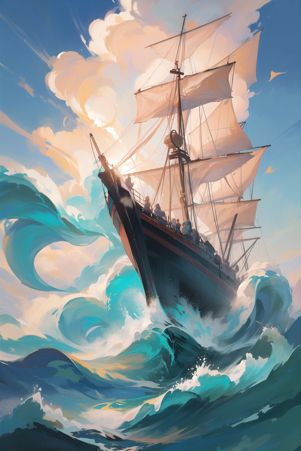 In the vast expanse of the open sea,  a colossal sea serpent emerges from the depths,  its sinuous form cutting through th...