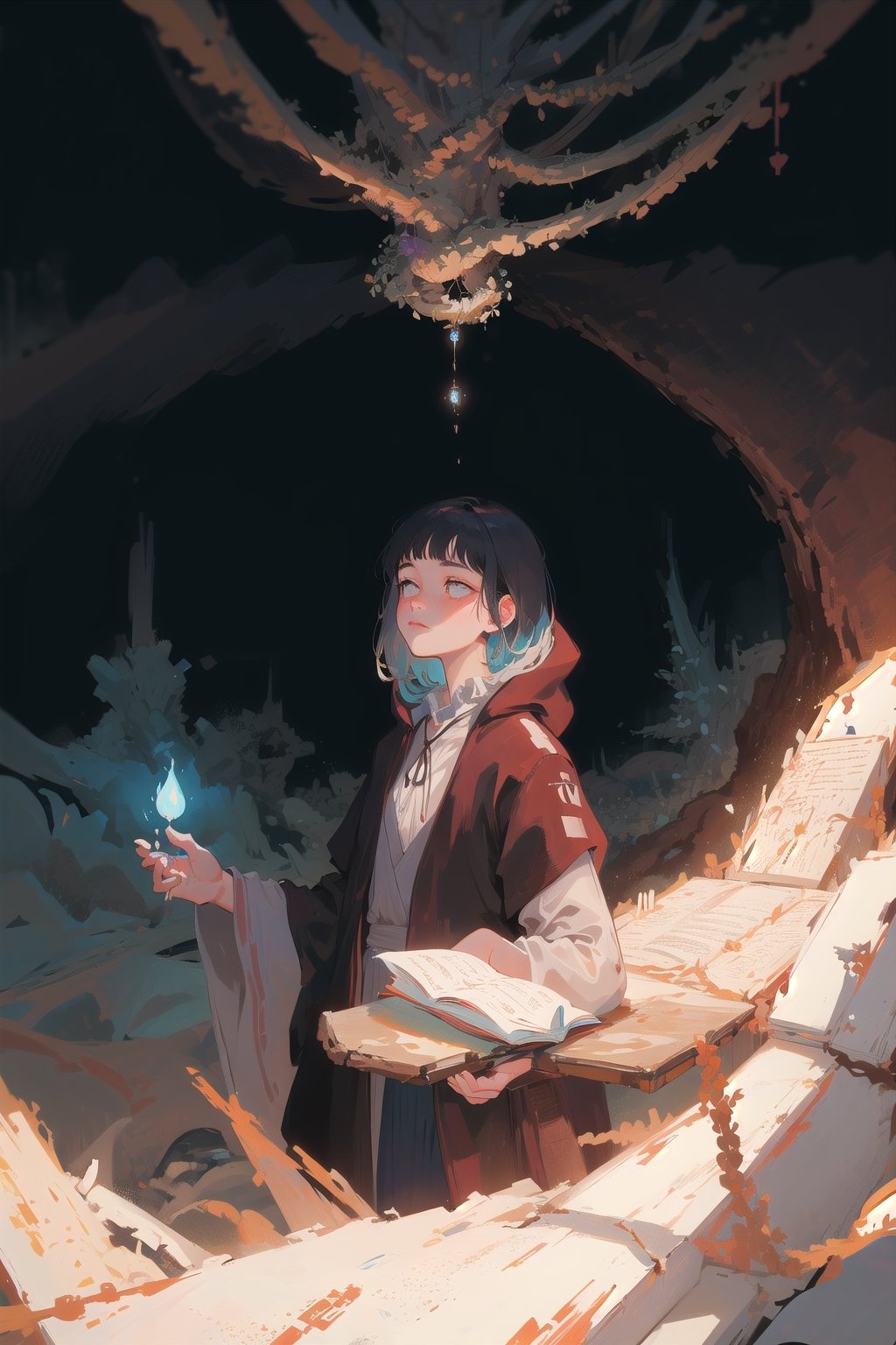 In a clandestine chamber concealed deep within the bowels of an ancient ruin,  an arcane scholar,  cloaked in robes that s...