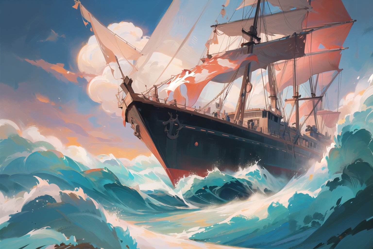 In the vast expanse of the open sea,  a colossal sea serpent emerges from the depths,  its sinuous form cutting through th...