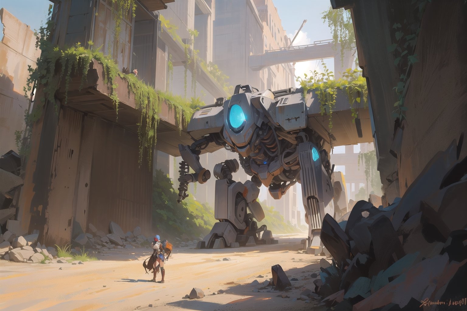 Amidst the desolation of the desert,  a once-mighty mecha lies in ruin,  battered by the relentless passage of time. Its o...