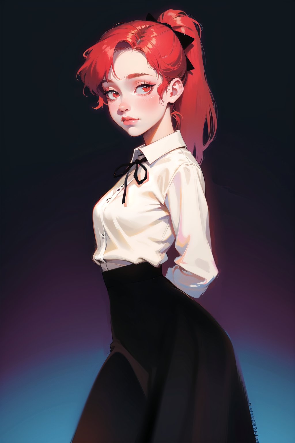 Victorian vampire, cute, (simple background:1.2), gradient background, red hair, long hair, solo female, cowboy shot, black skirt, white collared shirt, victorian, ribbon, arms behind back, ponytail,