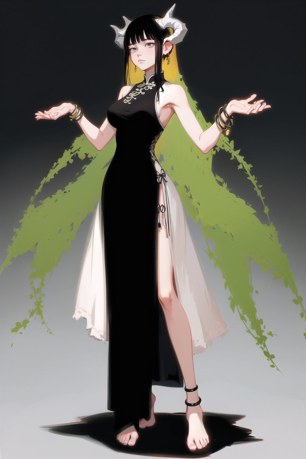 (high quality:1.3), full body, red stocking, large breasts, black bracelet, (sleeveless chinese dress:1.3), Goddess in white dress, black hair, long hair, large breasts, foot bracelet, barefoot, full body, black bracelet, simple background, garden, vines and leaves, trees, standing, chinese_clothes, dress patterns, black wings, demon horns, red horns, gradient colors, vivid colors, Goddess in white dress, black hair, long hair, large breasts, foot bracelet, barefoot, full body, black bracelet, simple background, garden, vines and leaves, trees, standing,anime