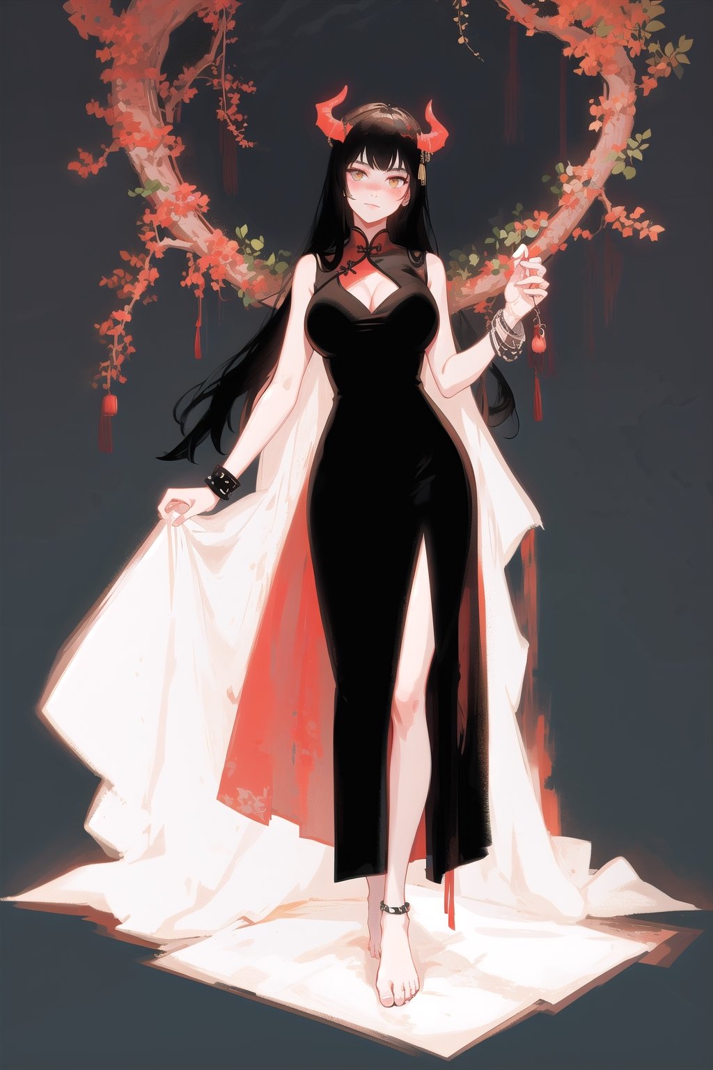 (high quality:1.3), full body, red stocking, large breasts, black bracelet, (sleeveless chinese dress:1.3), Goddess in white dress, black hair, long hair, large breasts, foot bracelet, barefoot, full body, black bracelet, simple background, garden, vines and leaves, trees, standing, chinese_clothes, dress patterns, black wings, demon horns, red horns, gradient colors, vivid colors, Goddess in white dress, black hair, long hair, large breasts, foot bracelet, barefoot, full body, black bracelet, simple background, garden, vines and leaves, trees, standing