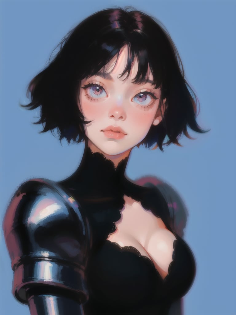 1girl, short hair, upper body, detailed face, simple background, blue background, dress, cleavage, black armor