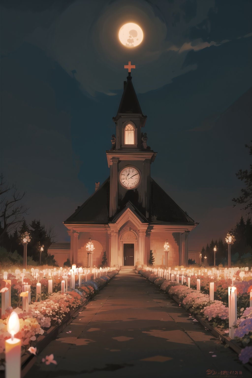 score_9, score_8_up, score_8, ancient, flowers,  evening, church, lamps, nature, skulls, candles, dark, temple