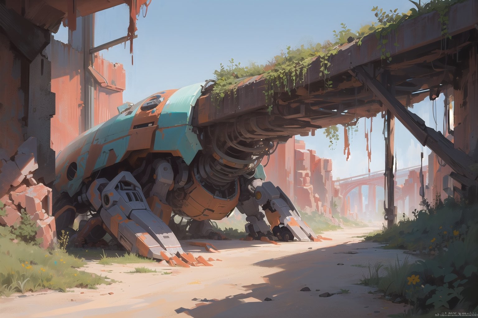 Amidst the desolation of the desert,  a once-mighty mecha lies in ruin,  battered by the relentless passage of time. Its o...