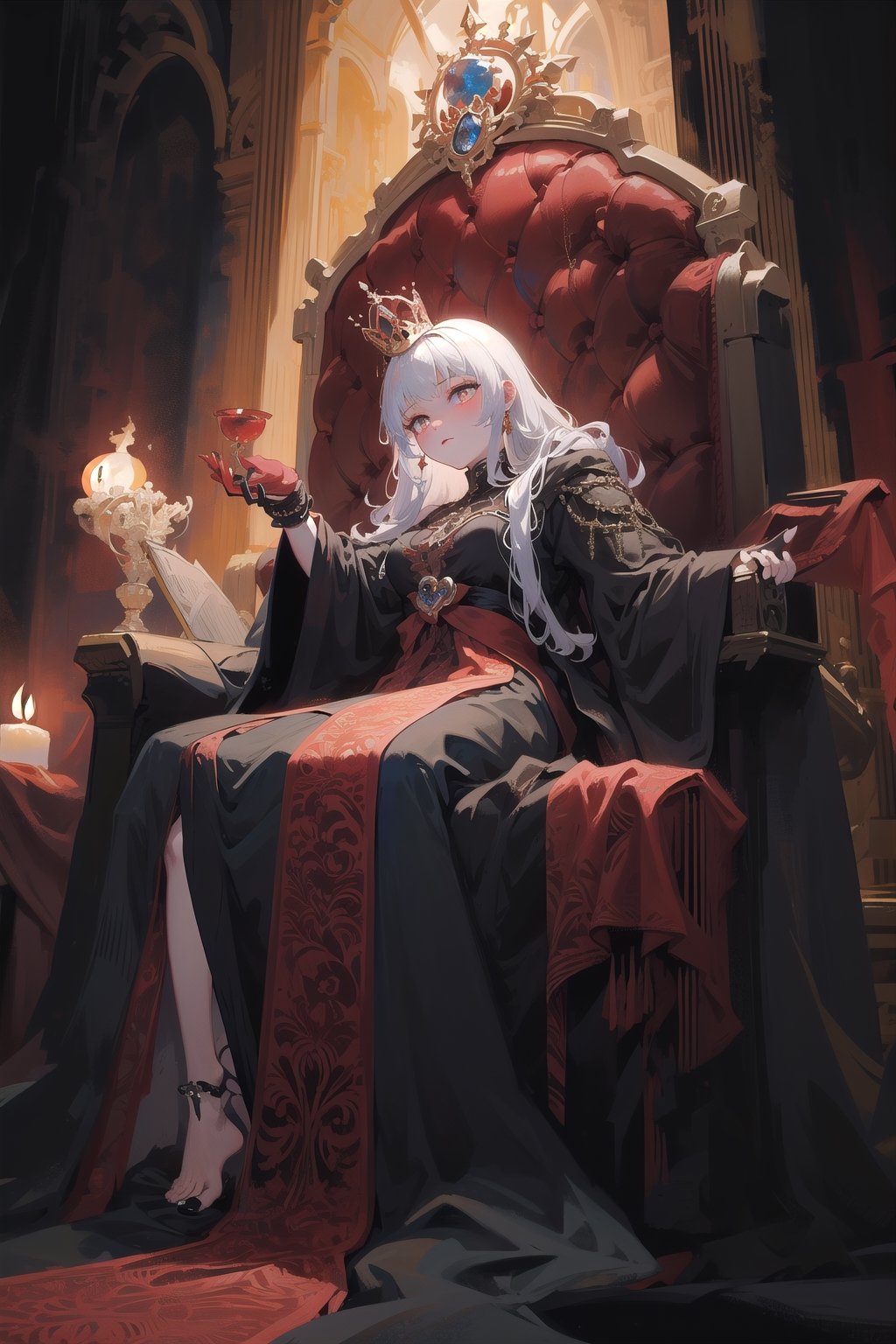 In the grandeur of the vampire queen's throne room,  darkness reigns supreme. The stone walls,  adorned with elaborate car...