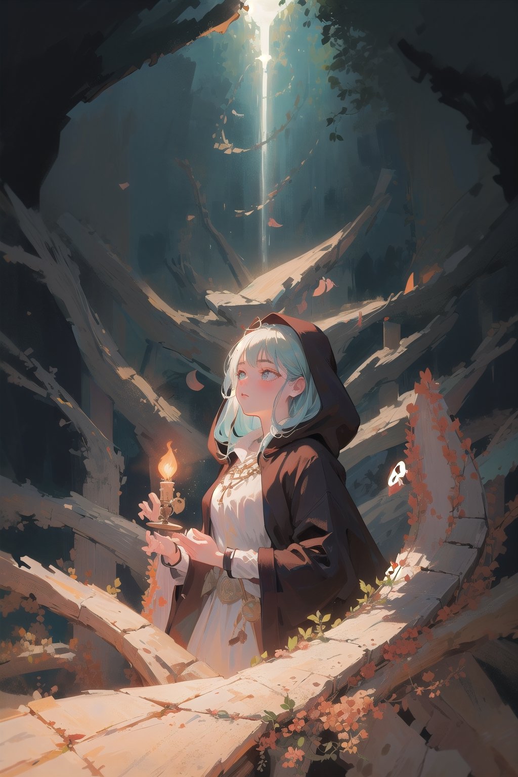 In a clandestine chamber concealed deep within the bowels of an ancient ruin,  an arcane scholar,  cloaked in robes that s...