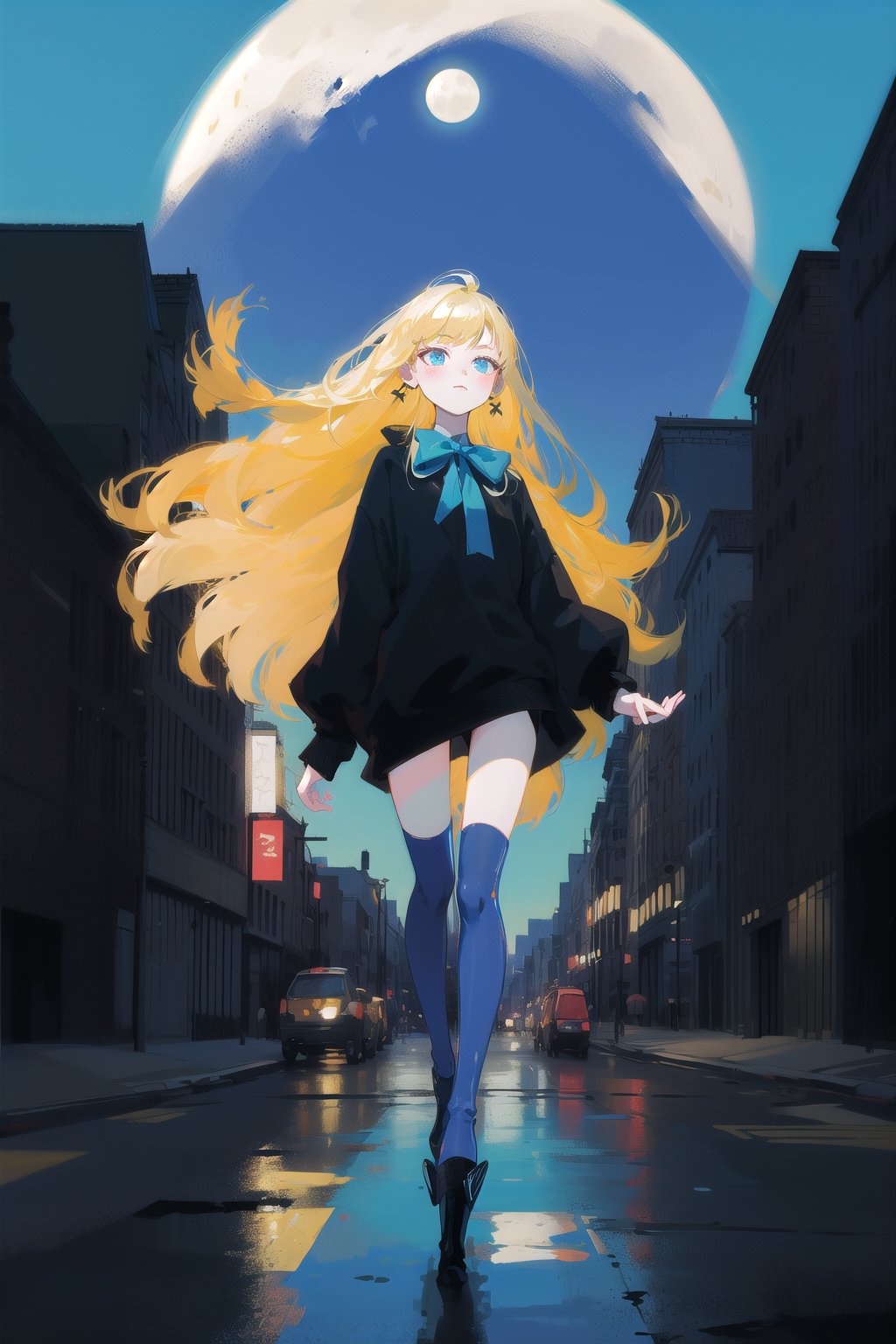 1girl, long hair, detailed face, blue background, blond hair, full body, asphalt, full body, (city:1.2), blue and black clothes, ribbon in hair, full body, black boots, solo, city, tarot artstyle, city, blue color palette, buildings, vibrant colors, dark theme, moon, asphalt floor, reflections, pale skin, asphalt, ,anime