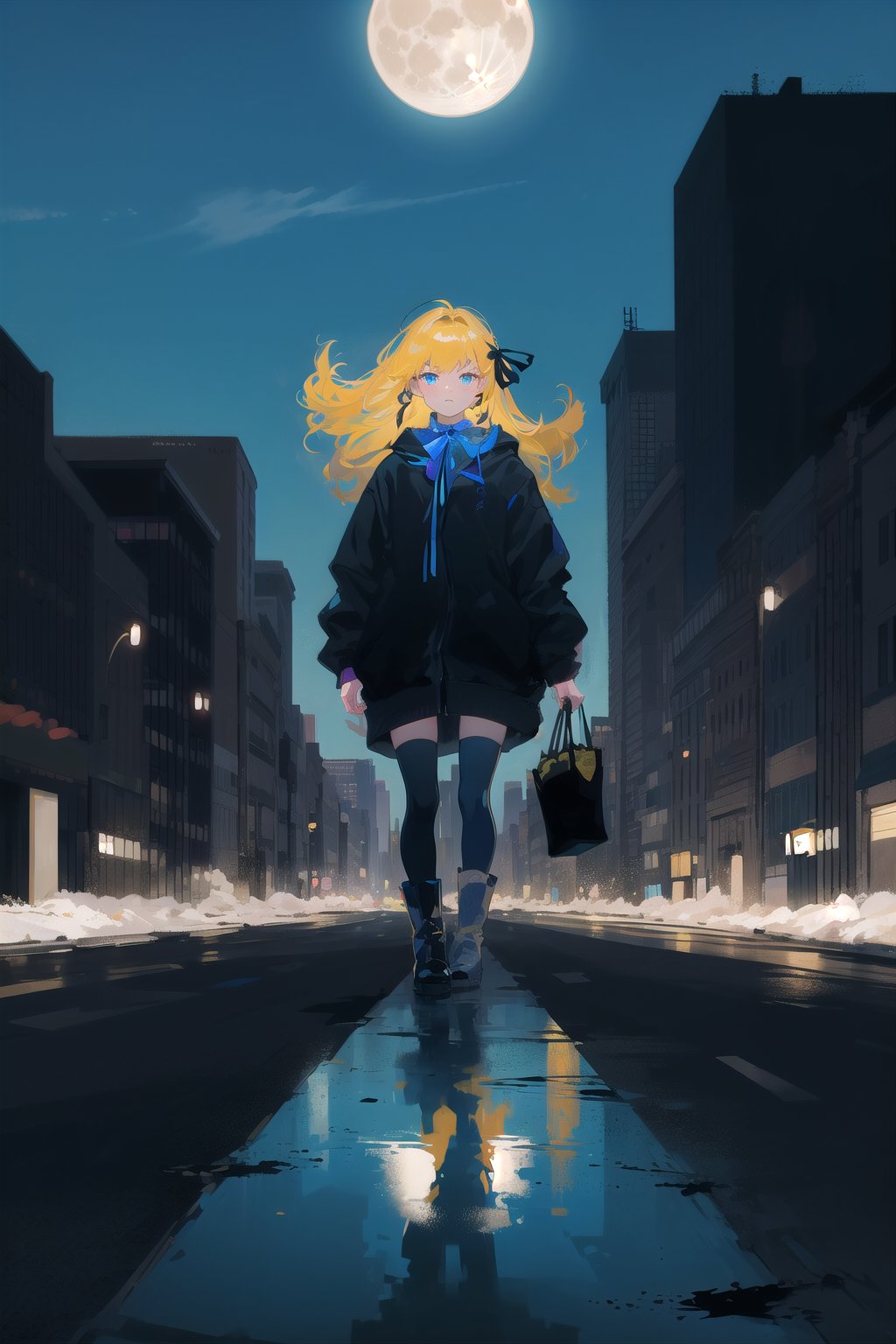 1girl, long hair, detailed face, blue background, blond hair, full body, asphalt, full body, (city:1.2), blue and black clothes, ribbon in hair, full body, black boots, solo, city, tarot artstyle, city, blue color palette, buildings, vibrant colors, dark theme, big moon, asphalt floor, reflections, high contrast