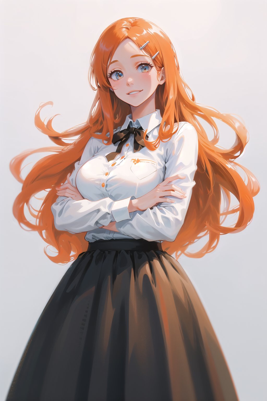 1girl, simple background, beautiful, long hair, long skirt, collared shirt, cute, orihime, orange hair, ginger, large breasts, hair clip, hair ornament, crossed arms, cute, clear eyes, smile, looking at viewer, 3 quarters shot, chubby