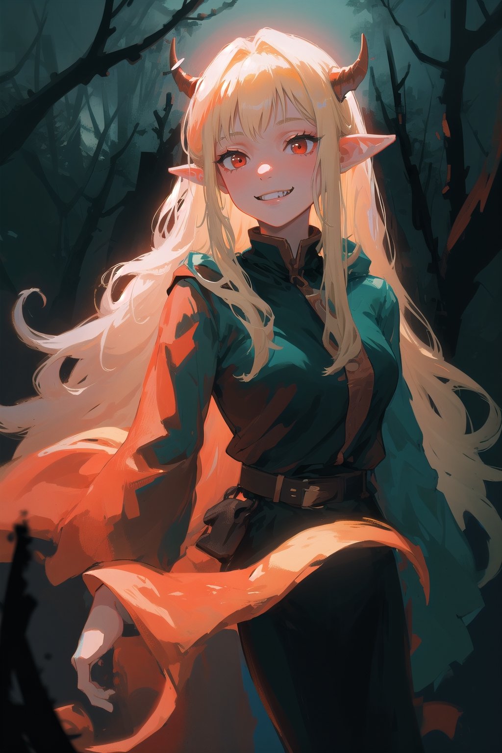 a 28 yo woman, blonde, red eyes, two big demon horns, Curly hair, dark theme, soothing tones, dark forest, elf ears, high contrast, (pointy ears, soft light, sharp), cute, medium shot, bokeh, (hdr), (cinematic, teal and orange), (soothing tones:1.1), pale skin, (hyperdetailed:1.2), (noir:0.5), warrior, dark forrest, big fangs, evil, smile, terrifying, beautiful, sinister, solo, best quality