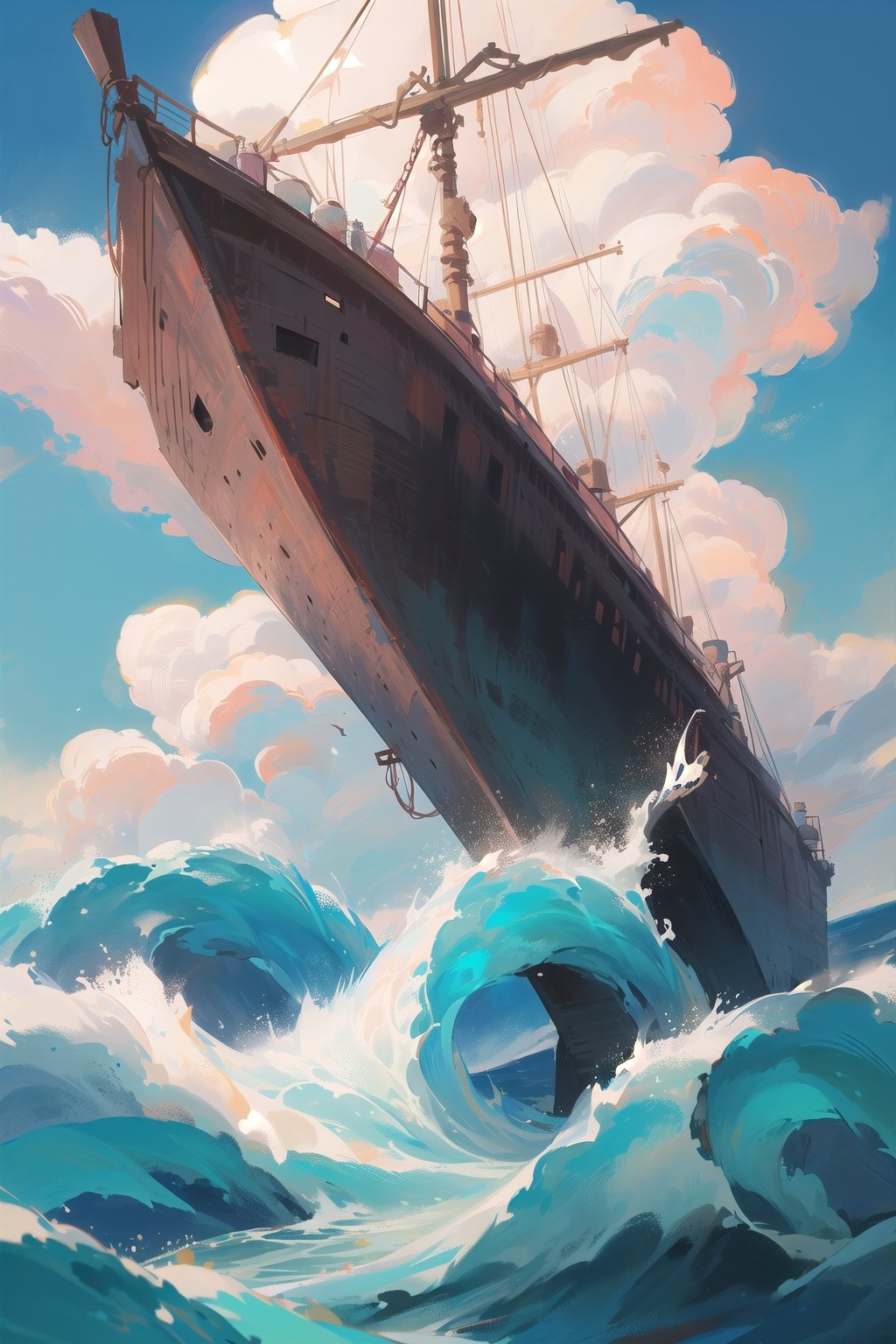 In the vast expanse of the open sea,  a colossal sea serpent emerges from the depths,  its sinuous form cutting through th...