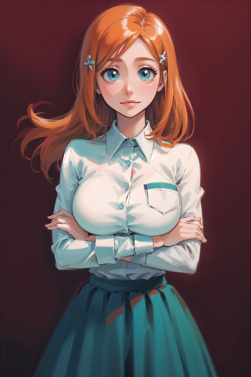 1girl, simple background, beautiful, long hair, long skirt, collared shirt, cute, orihime, orange hair, ginger, large breasts, hair clip, hair ornament, crossed arms, cute, clear eyes, smile, looking at viewer, black skirt, cyan collared shirt, chubby