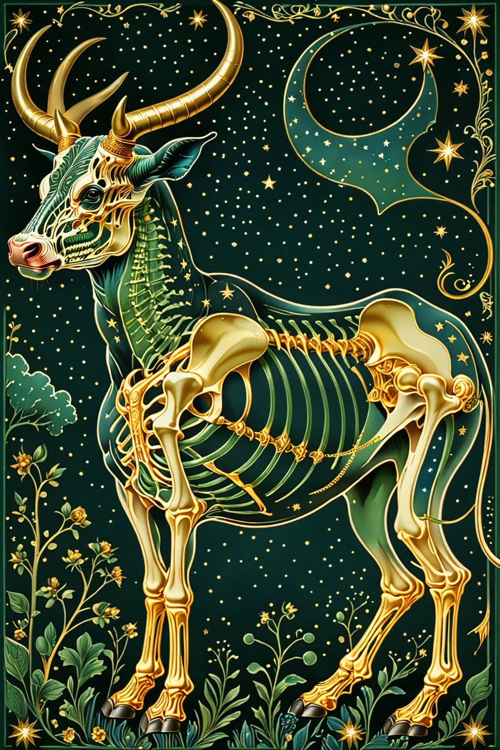 A majestic bull with intricate gold metal patterns adorning his skeletal structure. Jumping in the air, attacking with his horns, in the country backdrop, surrounded by stars and constellations, illustrations, beautiful. The color palette is dominated by dark blue, green, black and white, with the skeleton shining, being the most prominent feature, contrasting beautifully with the background elements.