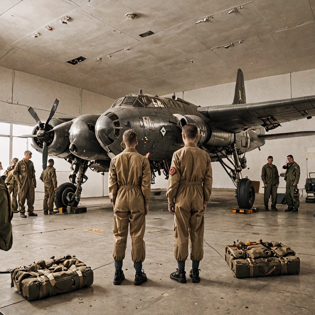 style of Miles Aldridge, 
A bomber plane crew is preparing for the mission of their lives, the nuclear bomb Little Boy will be dropped on Hiroshima in 1945,
minimalist decorations, professional serene lighting, Wide Angle, 360 Panorama, high detail, 