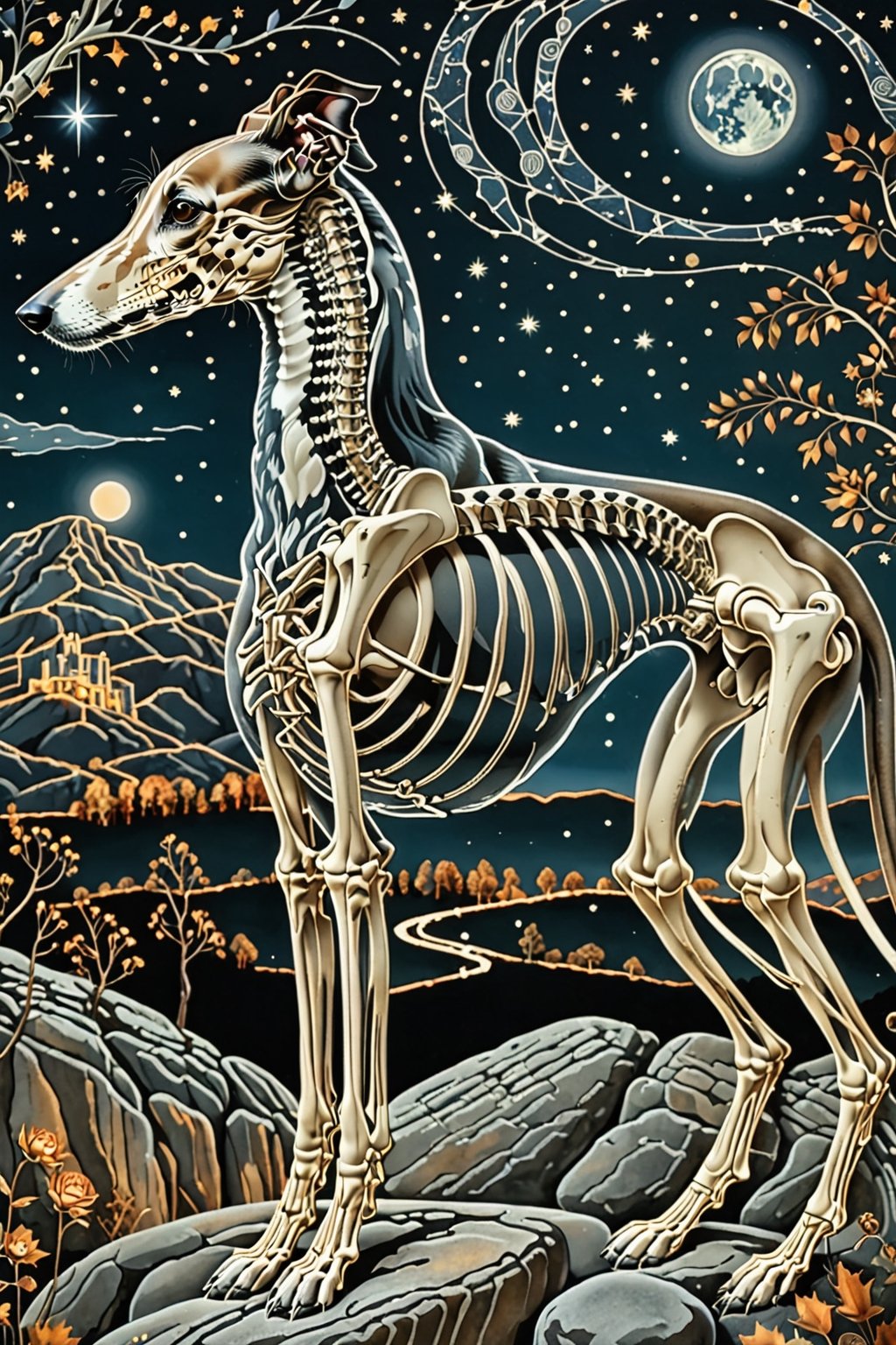 A majestic greyhound dog with intricate silver metal patterns adorning his skeletal structure. Climbing rocks in the country backdrop, surrounded by stars and constellations, illustrations, beautiful. The color palette is dominated by dark blua, silver, black and white, with the skeleton shining, being the most prominent feature, contrasting beautifully with the background elements.