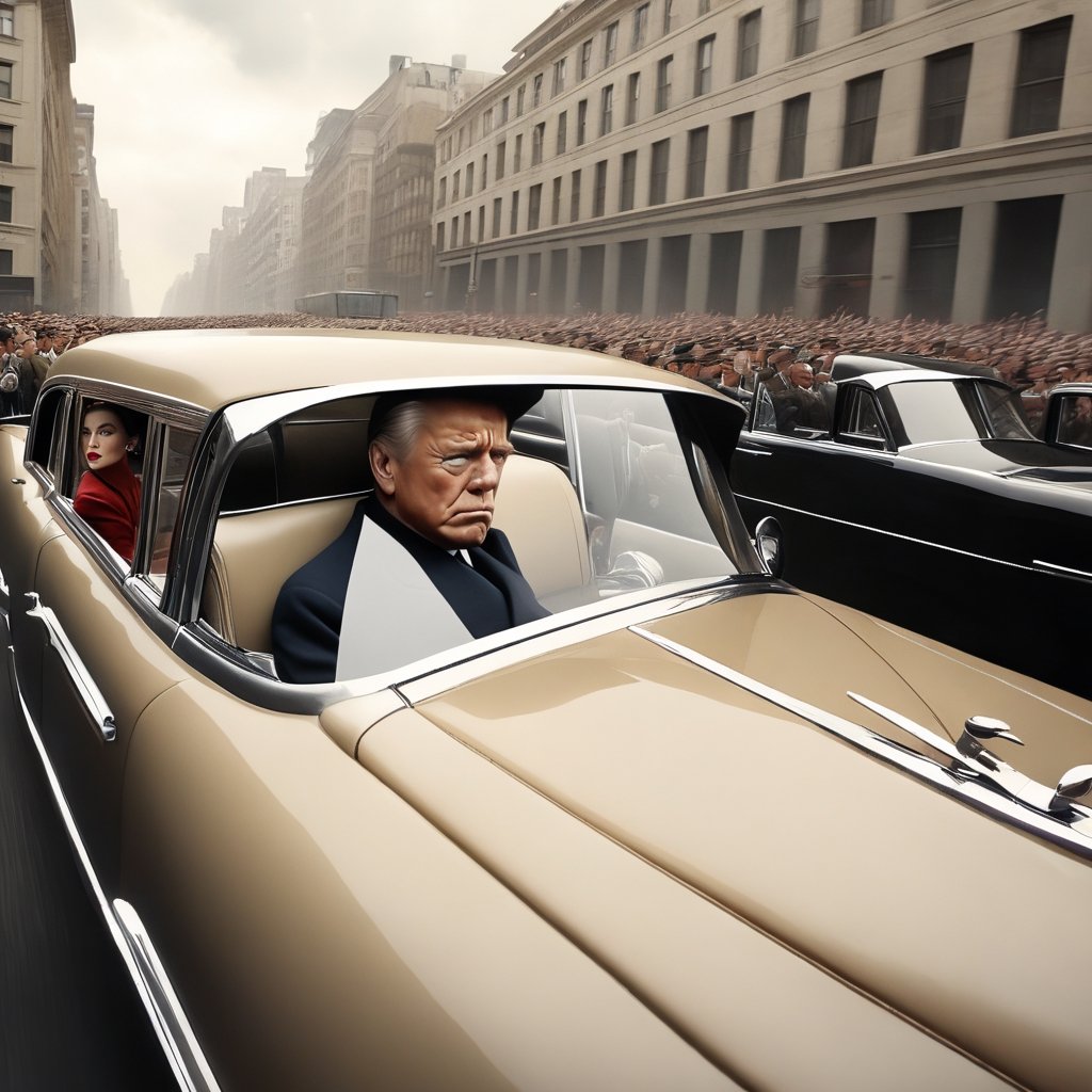 The president is riding in an open top car trough a big city avenue, (a sniper is aiming to his head from a window), ((a massive crowd watching)), (a big 1950s open limousine) , cloudy day, dynamic pose, great composition, high quality image, medium format camera, Hasselblad ,laura,dollskill,REALISTIC,Raw Photo,art_booster,MarianKelly,jorg karg