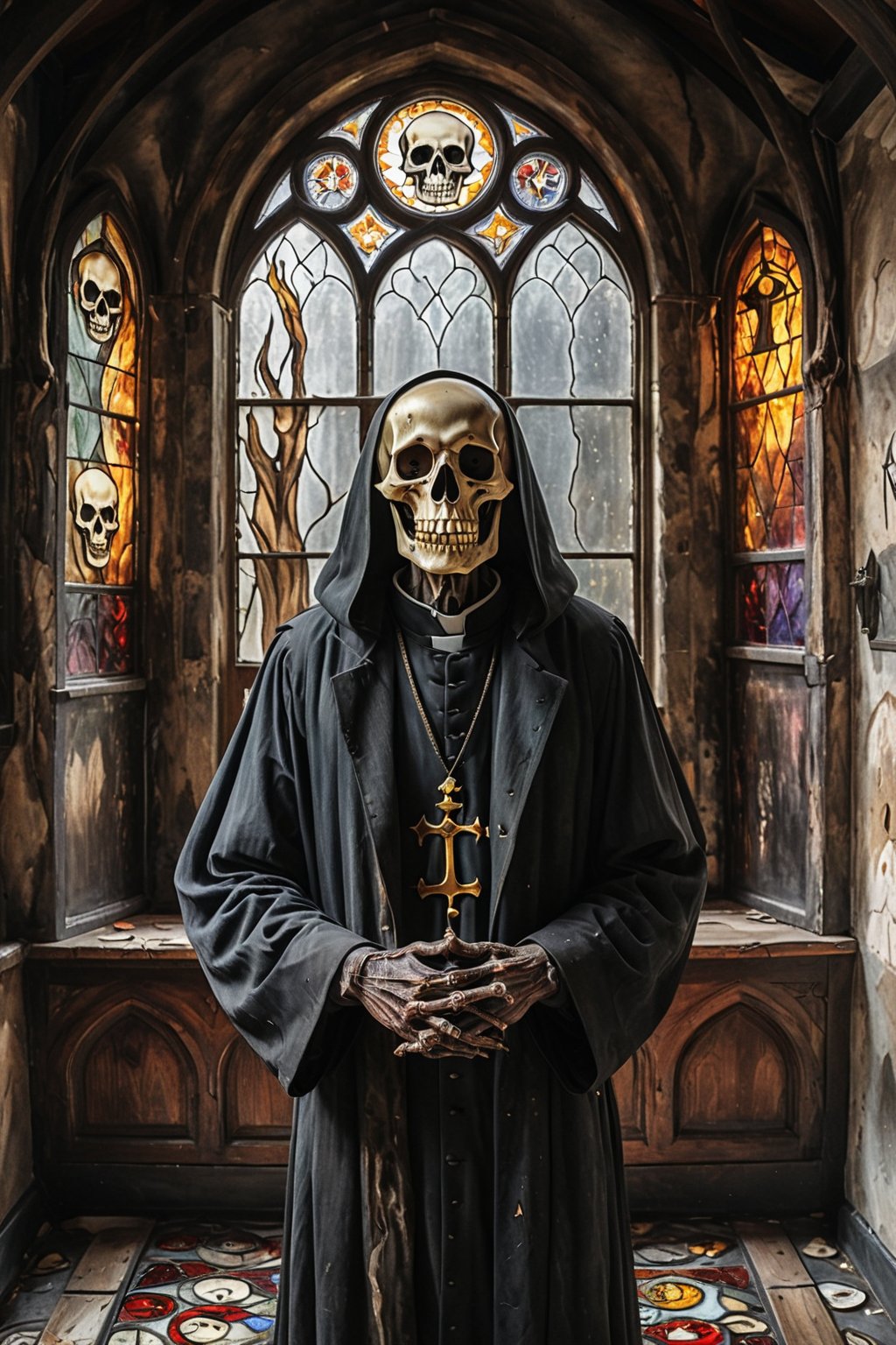 Death, the grim reaper as a creepy priest man in dirty bloodstained cassock , skeleton face, black hole eyes, gold teeth , standing in an old chapel with stained glass windows, portrait, half body portrait, holding out his hand to shake, eerie, cinematic, moody lights,style of Edvard Munch,Edvard Munch style, Edvard Munch art