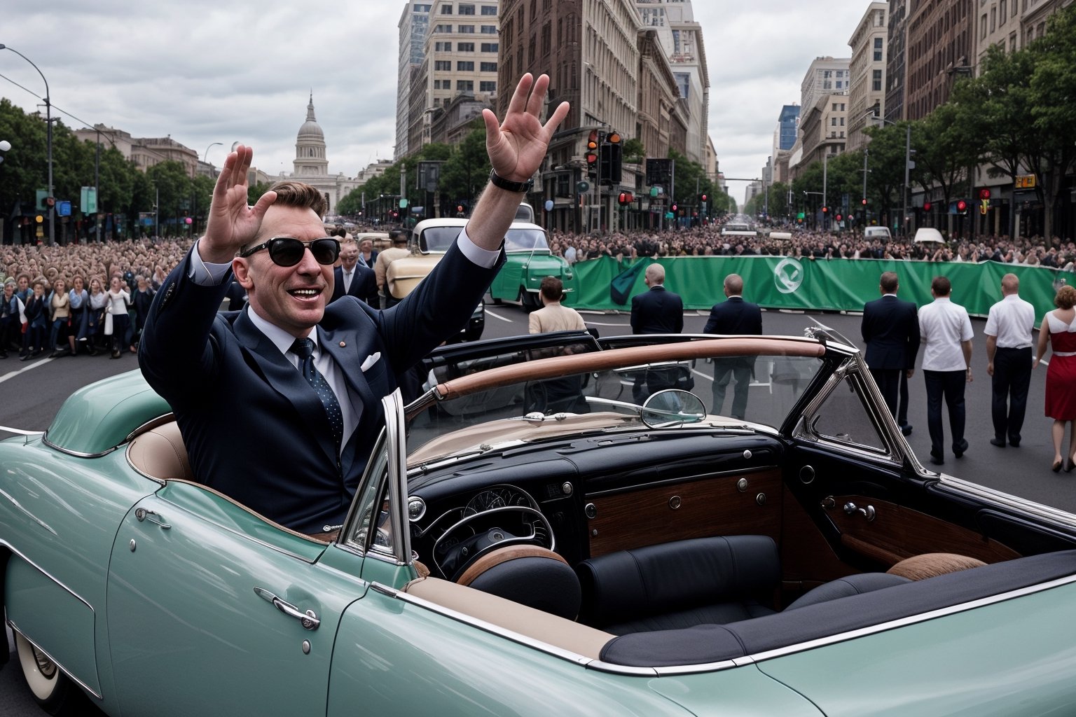 The president is riding in an open top car trough a big city avenue, the president and his wife are riding on the back seat of the car, waving to the crowd, ((a massive crowd watching)), (a big 1950s open limousine) , beside the car a security guard, secret service, with suit, sunglasses and a earpiece, running beside the car, overcast day, dynamic pose, great composition, high quality image, medium format camera, Hasselblad ,laura,dollskill,REALISTIC,Raw Photo