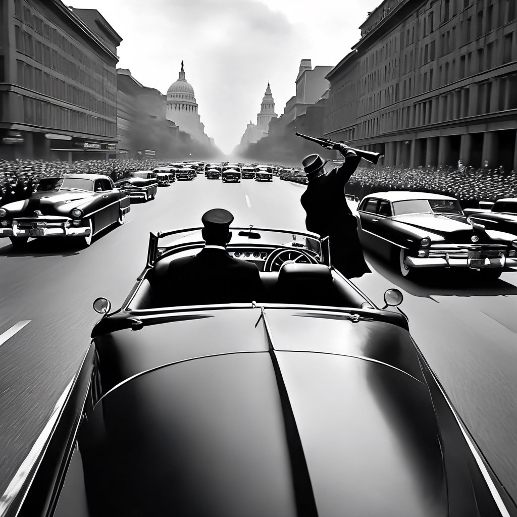 The president is riding in an open top car trough a big city avenue, (a sniper is aiming to his head from a window), ((a massive crowd watching)), (a big 1950s open limousine) , cloudy day, dynamic pose, great composition, high quality image, medium format camera, Hasselblad ,laura,dollskill,REALISTIC,Raw Photo,art_booster,MarianKelly,jorg karg