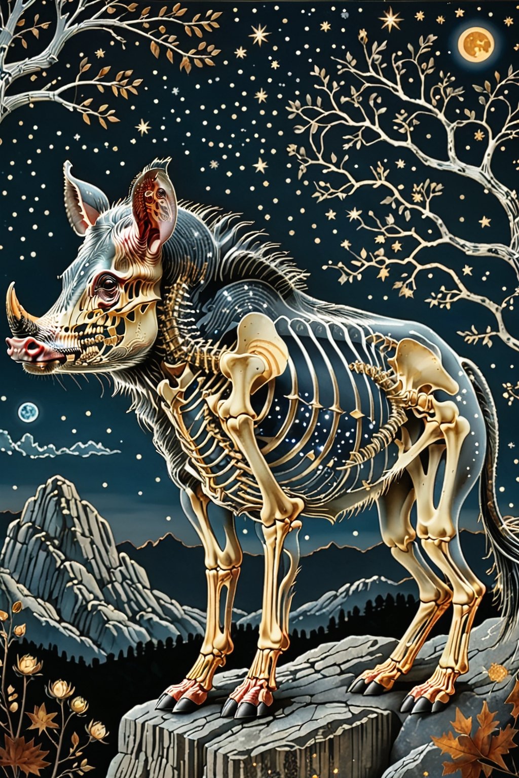 A majestic wild hog with intricate silver metal patterns adorning his skeletal structure. Climbing rocks in the country backdrop, surrounded by stars and constellations, illustrations, beautiful. The color palette is dominated by dark blua, silver, black and white, with the skeleton shining, being the most prominent feature, contrasting beautifully with the background elements.