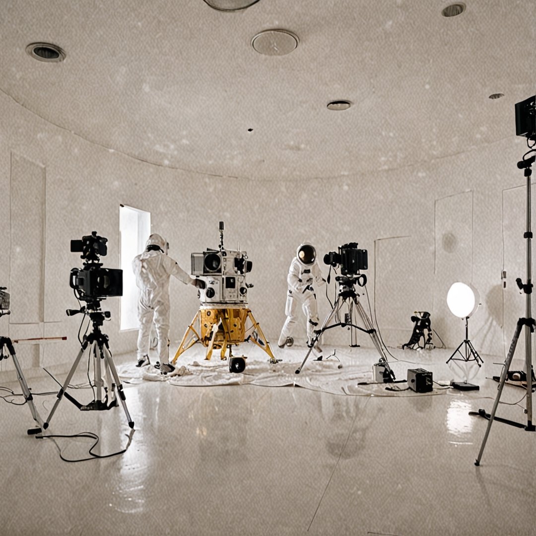 style of Miles Aldridge, 
A film crew is preparing for the shoot of their lives, the moon landing of the Apollo 11 in 1963,
minimalist decorations, professional serene lighting, Wide Angle, 360 Panorama, high detail, 