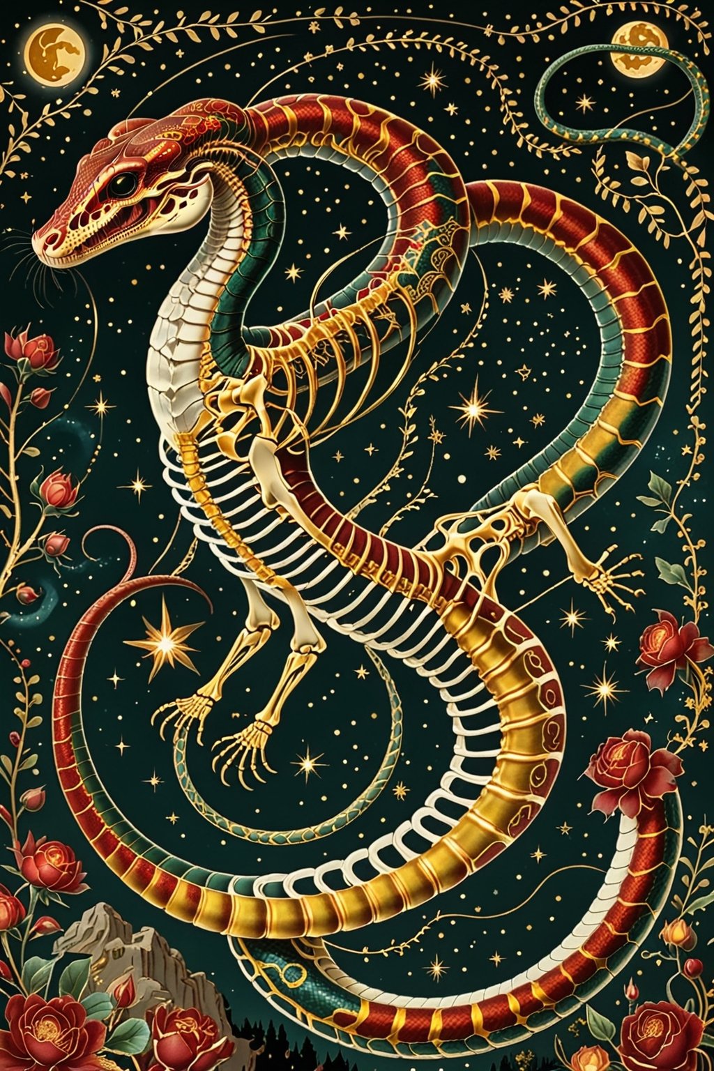 A majestic snake with intricate gold metal patterns adorning his skeletal structure. Jumping in the air, attacking with his fangs bared, in the country backdrop, surrounded by stars and constellations, illustrations, beautiful. The color palette is dominated by dark red, gold,  black and white, with the skeleton shining, being the most prominent feature, contrasting beautifully with the background elements.