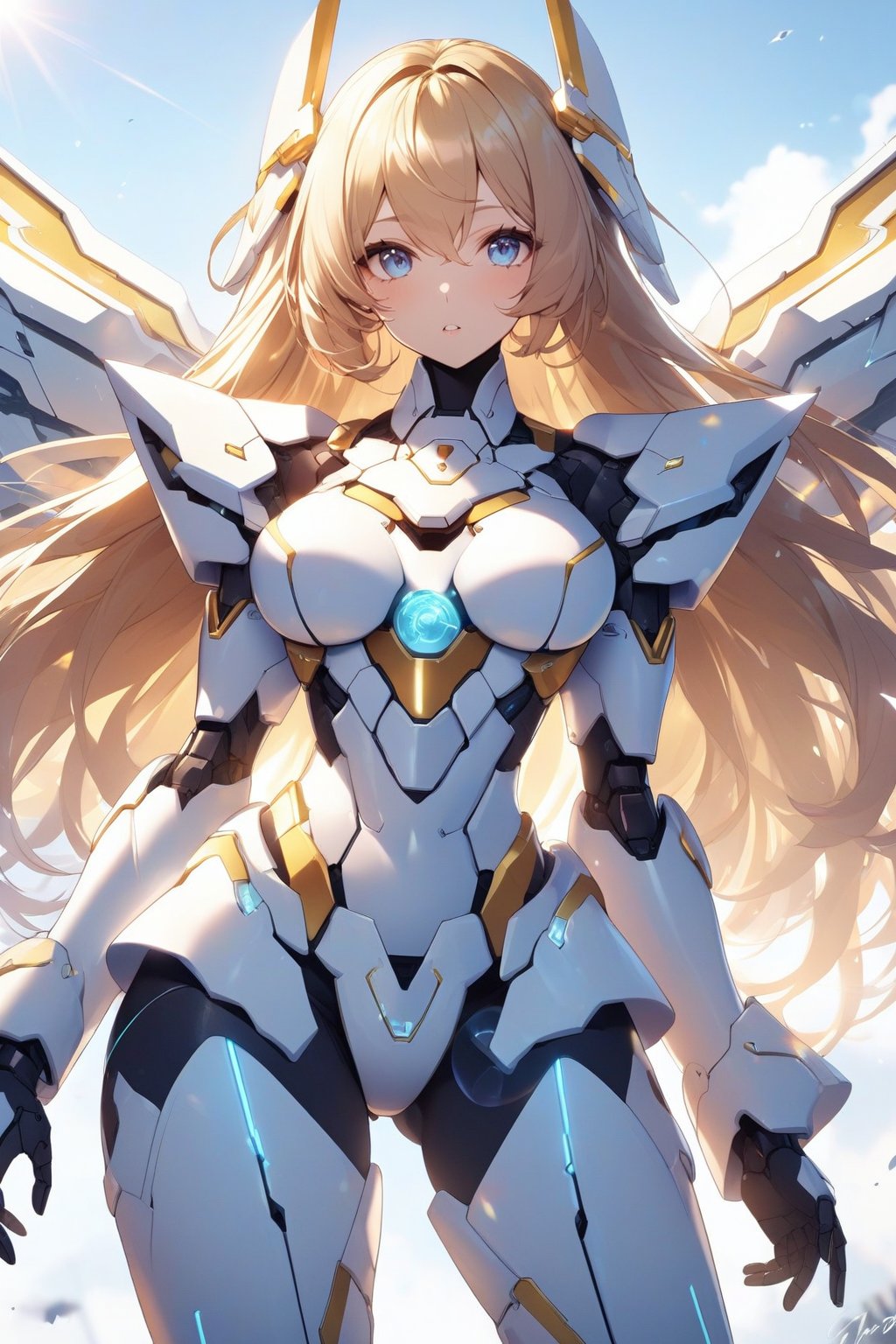  cowboy shot, mecha girl, white armor, angel impact, golden hair, Bing girl, day, sky scape, lens flare