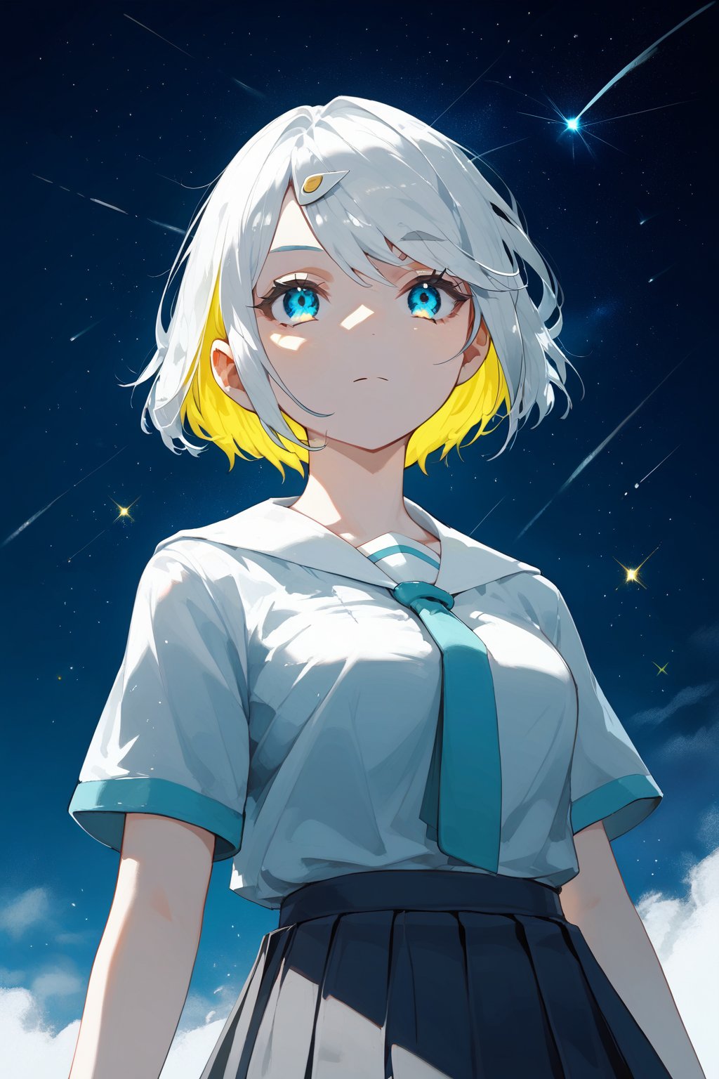 score_9_up,score_8_up, source_anime,solo,1girl, short-hair, multicolor_hair, two-tone-hair, ((white_hair)), yellow_hair, blue eyes, bangs,skirt, pleated_skirt, shirt, necktie, short sleeves, school uniform ,expressionless,Nira-Chan,
, sky,night,shooting star,particles,focus_girl,upper_body,SelectiveColorStyle,colorpop glowing yellow and blue