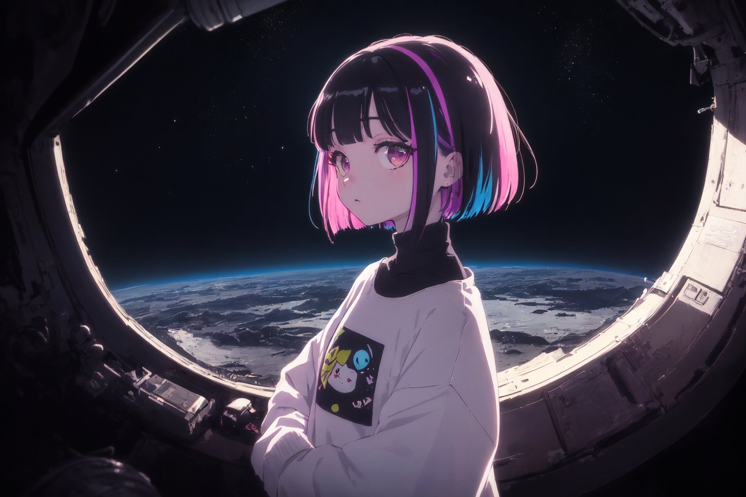 (Original Character, Highest Quality, Amazing Details:1.25),Volumetric Lighting, Best Shadows, Shallow Depth of Field,solo,1girl,

,colorful_hair,sweater,space,stars,void,
,hanabushi,vanishing point,atmospheric perspective, dutch angle,three quarter view,hearts