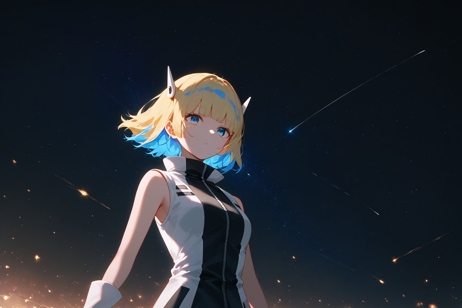 score_9_up,score_8_up, source_anime,solo,1girl, short-hair,blonde hair,blue hair,multicolored hair,two-tone hair,gloves,sleeveless,white gloves,blue eyes,bangs,blunt_bangs,short dress ,expressionless,Nira-Chan,
, sky,night,shooting star,particles,focus_girl,upper_body,SelectiveColorStyle,colorpop glowing yellow and blue