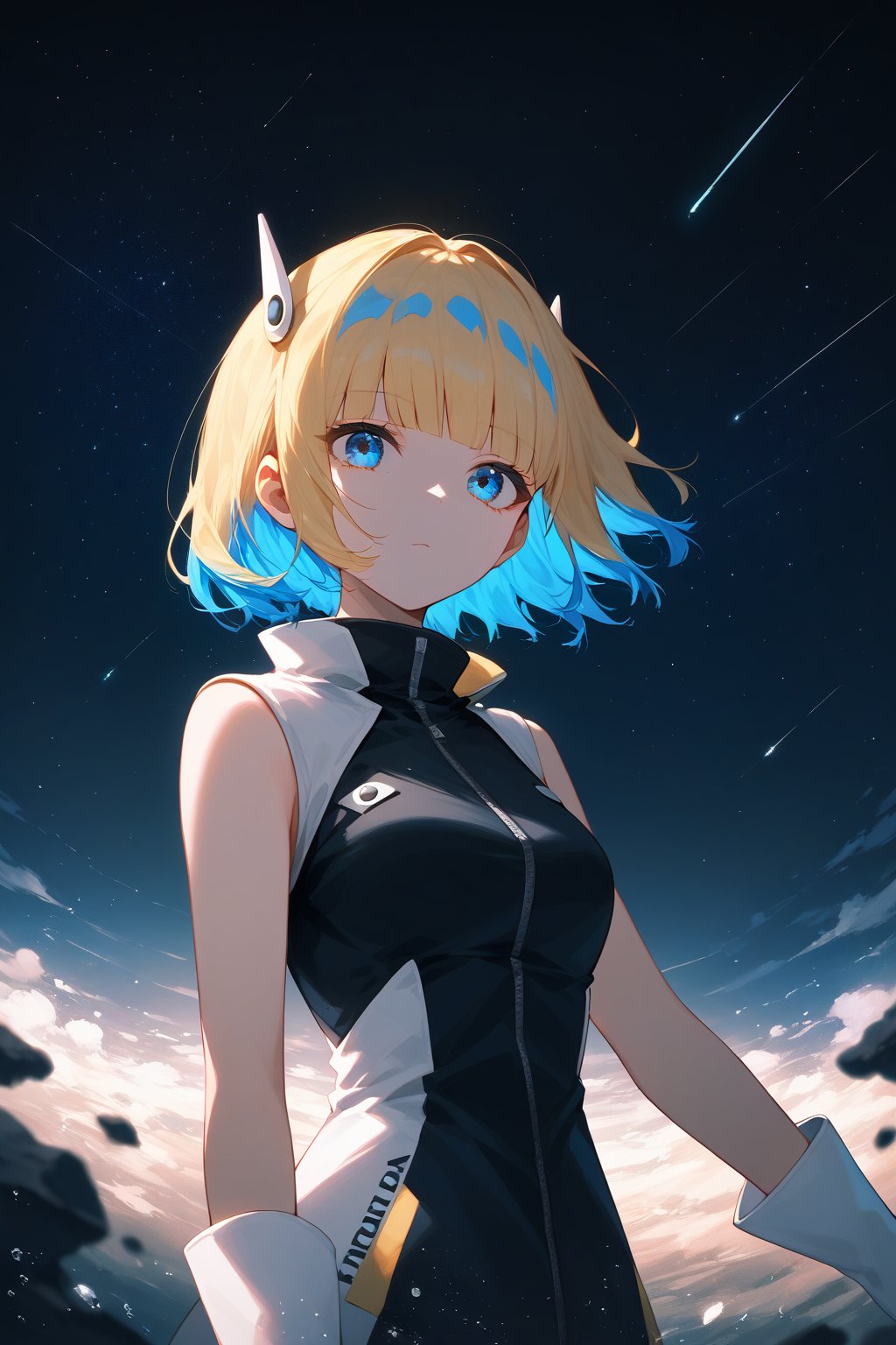 score_9_up,score_8_up, source_anime,solo,1girl, short-hair,blonde hair,blue hair,multicolored hair,two-tone hair,gloves,sleeveless,white gloves,blue eyes,bangs,blunt_bangs,short dress ,expressionless,Nira-Chan,
, sky,night,shooting star,particles,focus_girl,upper_body,SelectiveColorStyle,colorpop glowing yellow and blue