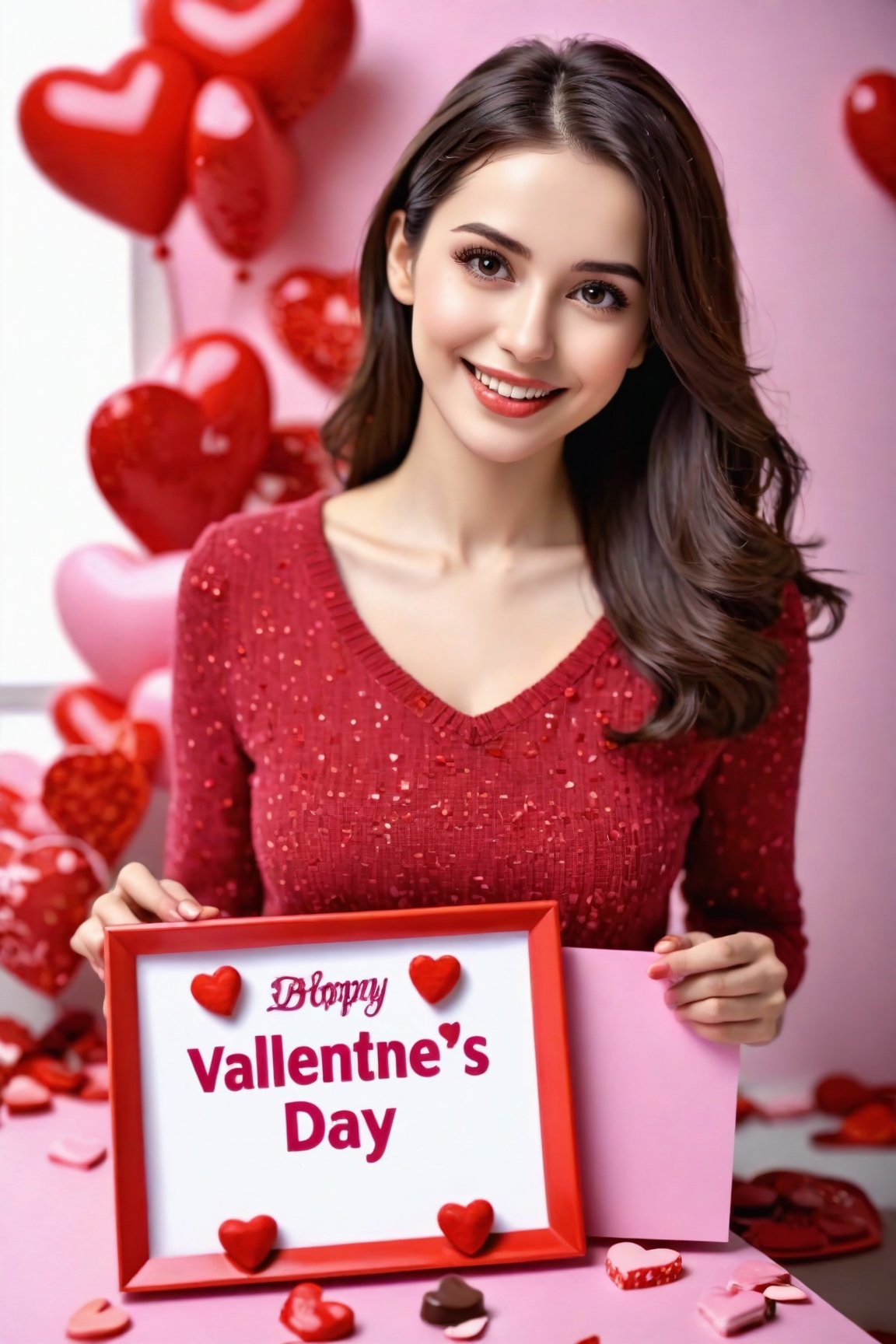 (best quality, masterpiece, ultra detailed, 8K, RAW photo), absurdres, 
a beautiful young woman holding a signboard in art studio,
beautiful typography of text ("Valentine's Day":1.5) on signboard, , a pile of heart shape chocolates,
detailed brown eyes, well defined eyelashes, flowy long black pixie hair, kind smile, lipgloss, realistic blouse ,bliss,joyful, natural light,,,<lora:659095807385103906:1.0>,<lora:659095807385103906:1.0>