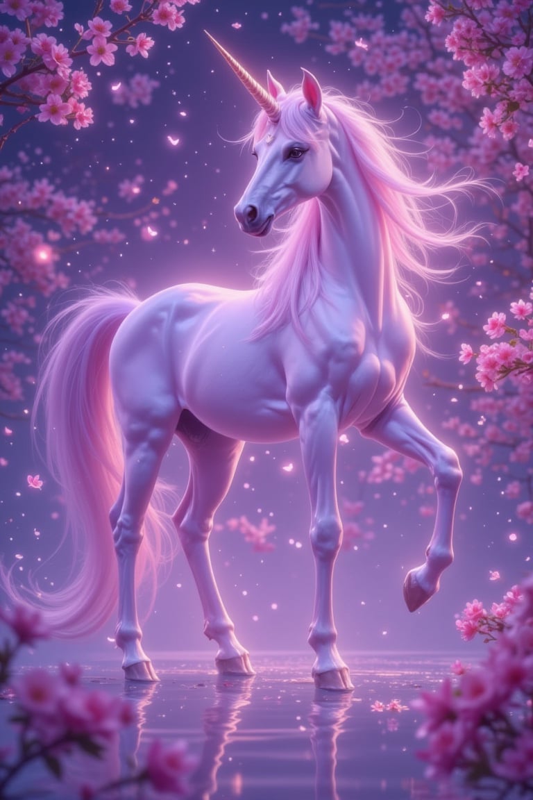 a painting of a lengendary unicorn created by cherry blossoms, art, and illumination, glowing