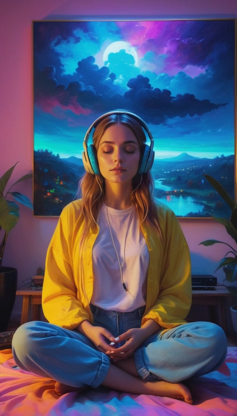 fine art, oil painting, amazing sky, . European Hippie Girl meditating in her room, dreaming, Wear headphones, night lights, Neon landscape on a rainy day, Analog Color Theme, Lo-Fi Hip Hop , retrospective, flat, Purity Portait