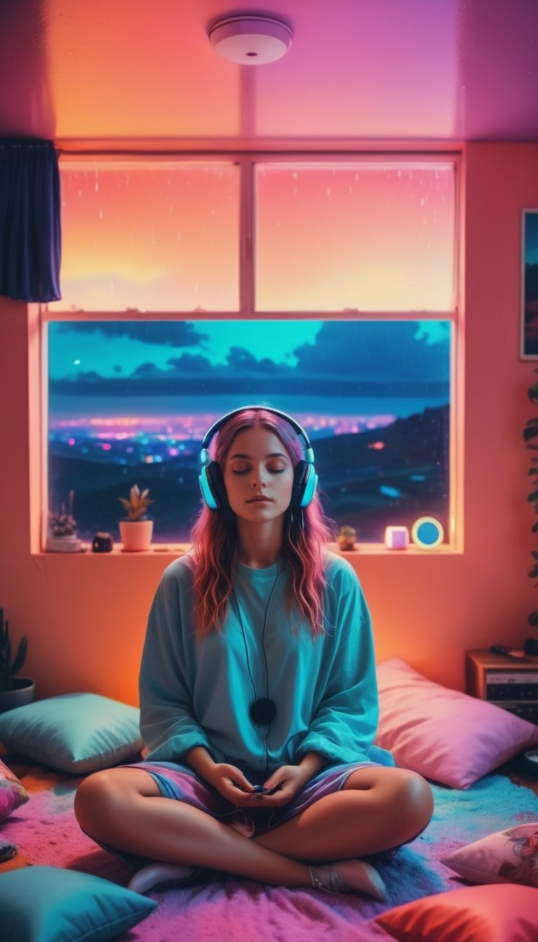 fine art, amazing sky, . European Hippie Girl meditating in her room, dreaming, Wear headphones, night lights, Neon landscape on a rainy day, Analog Color Theme, Lo-Fi Hip Hop , retrospective, flat, Purity Portait