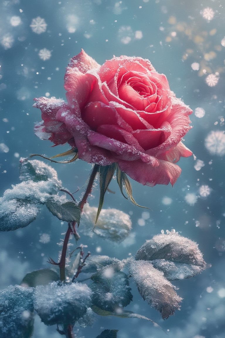 A rose in the snow, with sparkling snowflakes