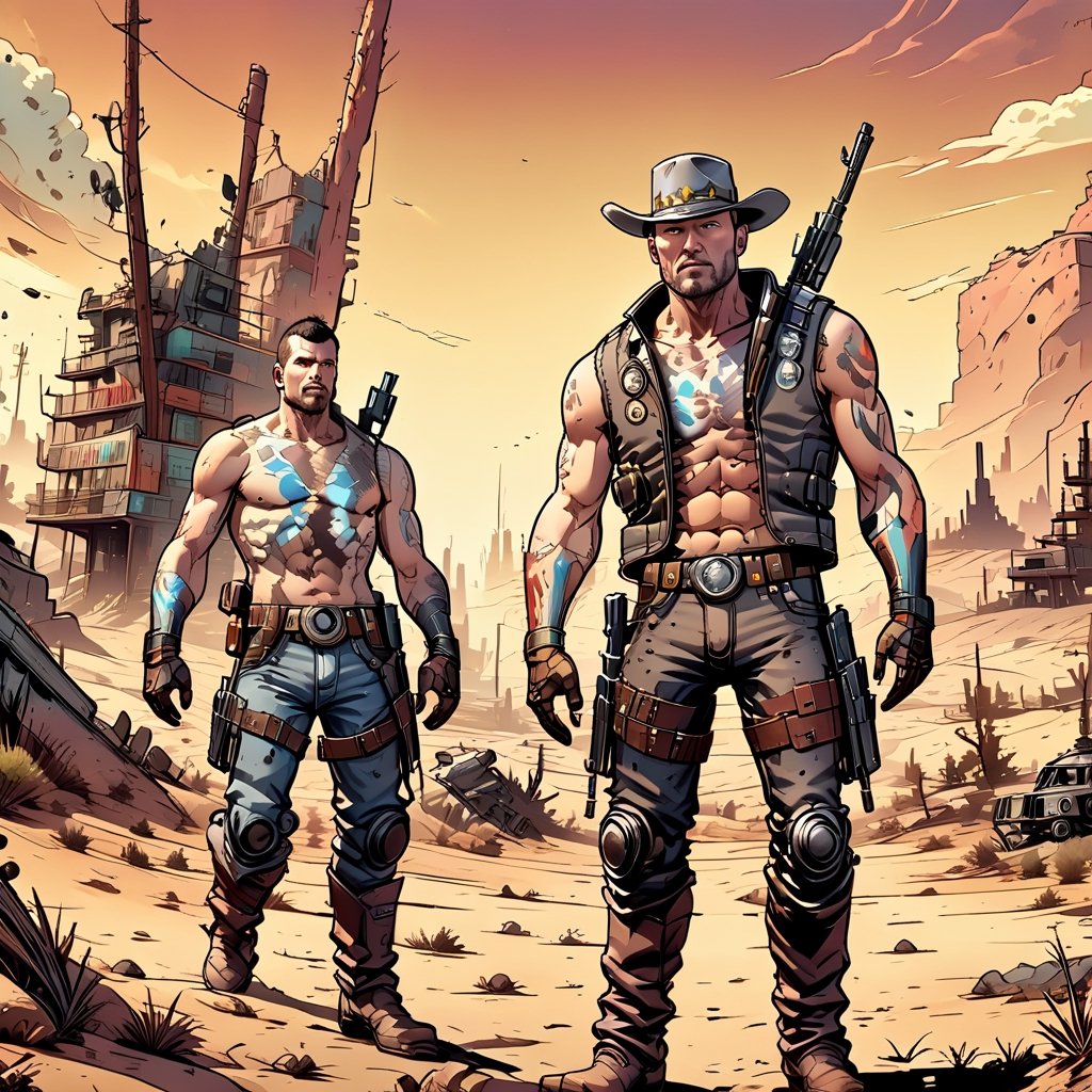 Imagine a fearsome bounty hunter standing tall in the cel-shaded wild west,  their trusty revolver gleaming under the hars...