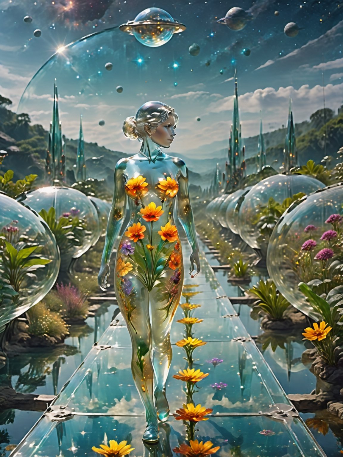 young glass girl walking on glass spaceship bridge,  future fantasy concept,  a glass city by Pixel on Tensor.Art