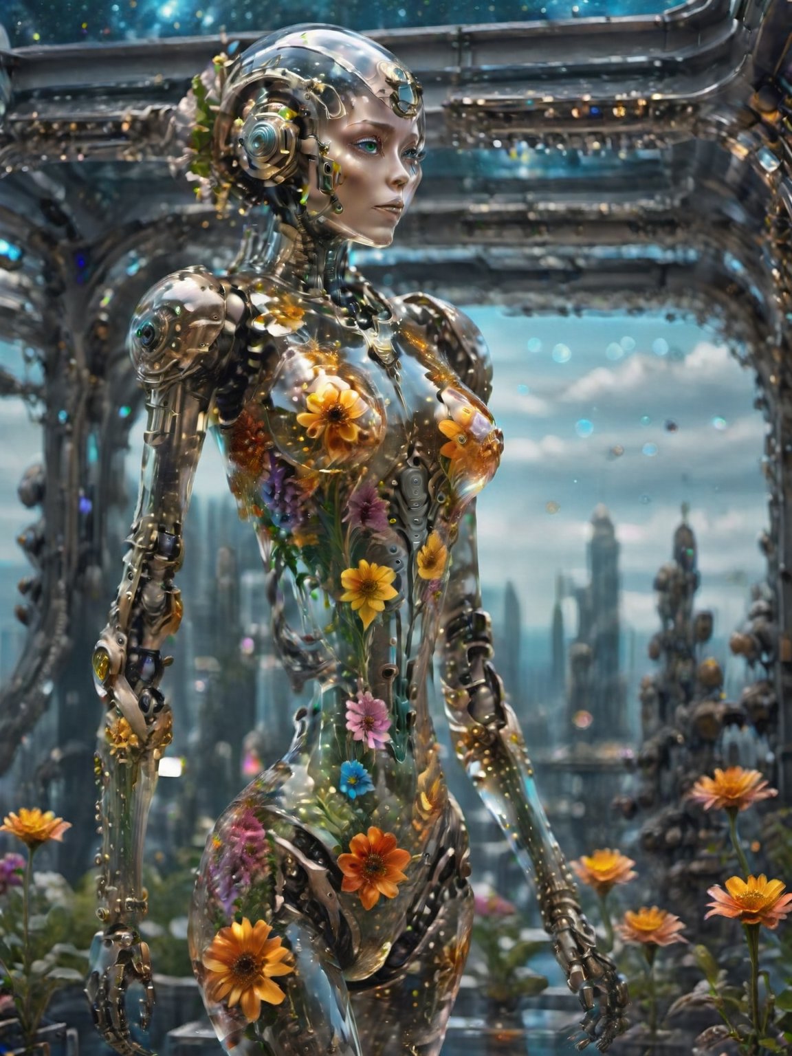 young glass sentient organic alien robot octopus girl walking on glass spaceship bridge,  clear glass future fantasy conce...