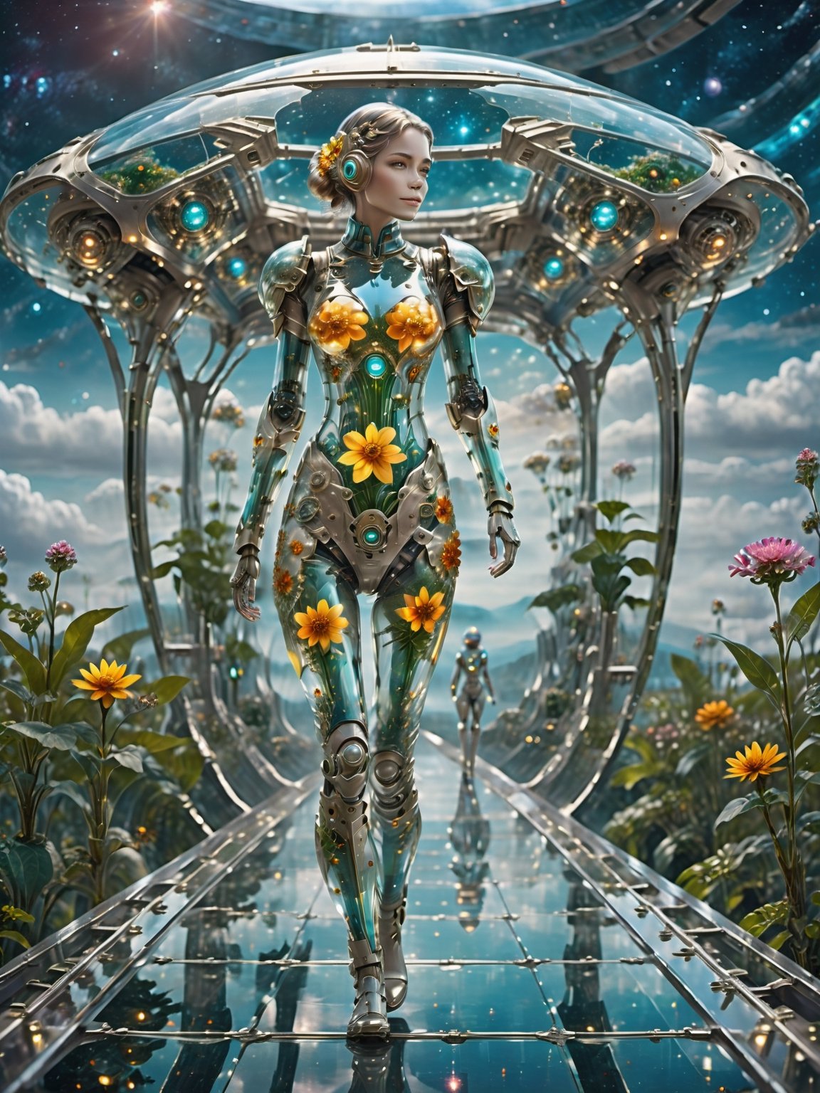young glass robot girl walking on glass spaceship bridge,  clear glass future fantasy concept,  a glass city by Pixel on T...