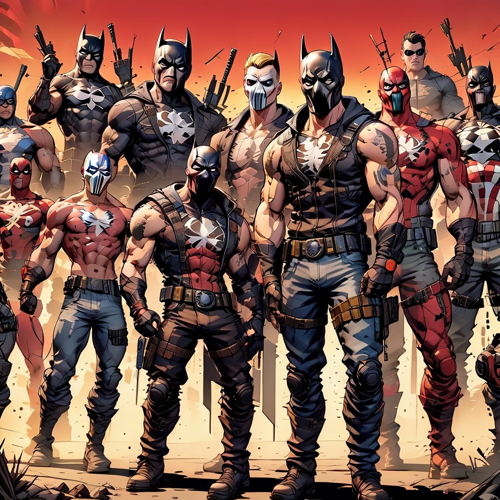((Visualize a team of masked vigilantes,  each with their unique powers and costumes,  standing together in an iconic comi...