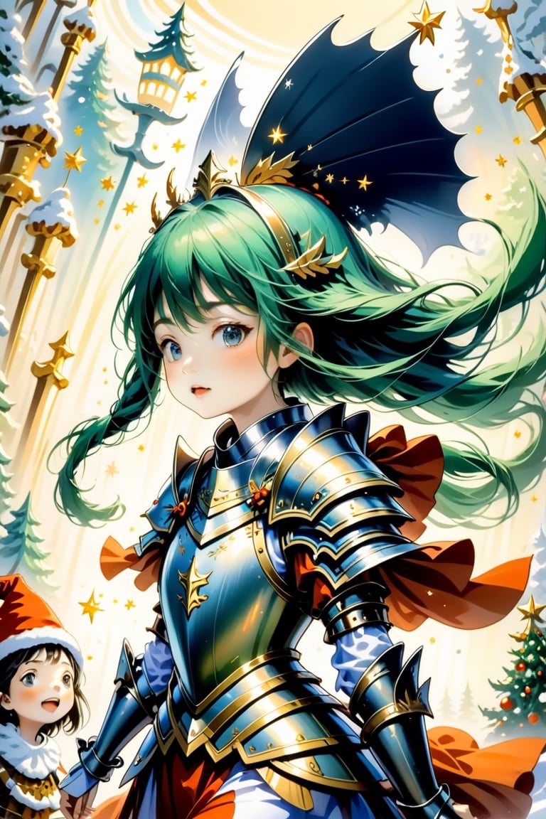 Girl in Armour, christmas, traditional media, fantasy illustration, soft colors, Whimsical Illustration, windy, dynamic poses,Anime ,cutegirlmix