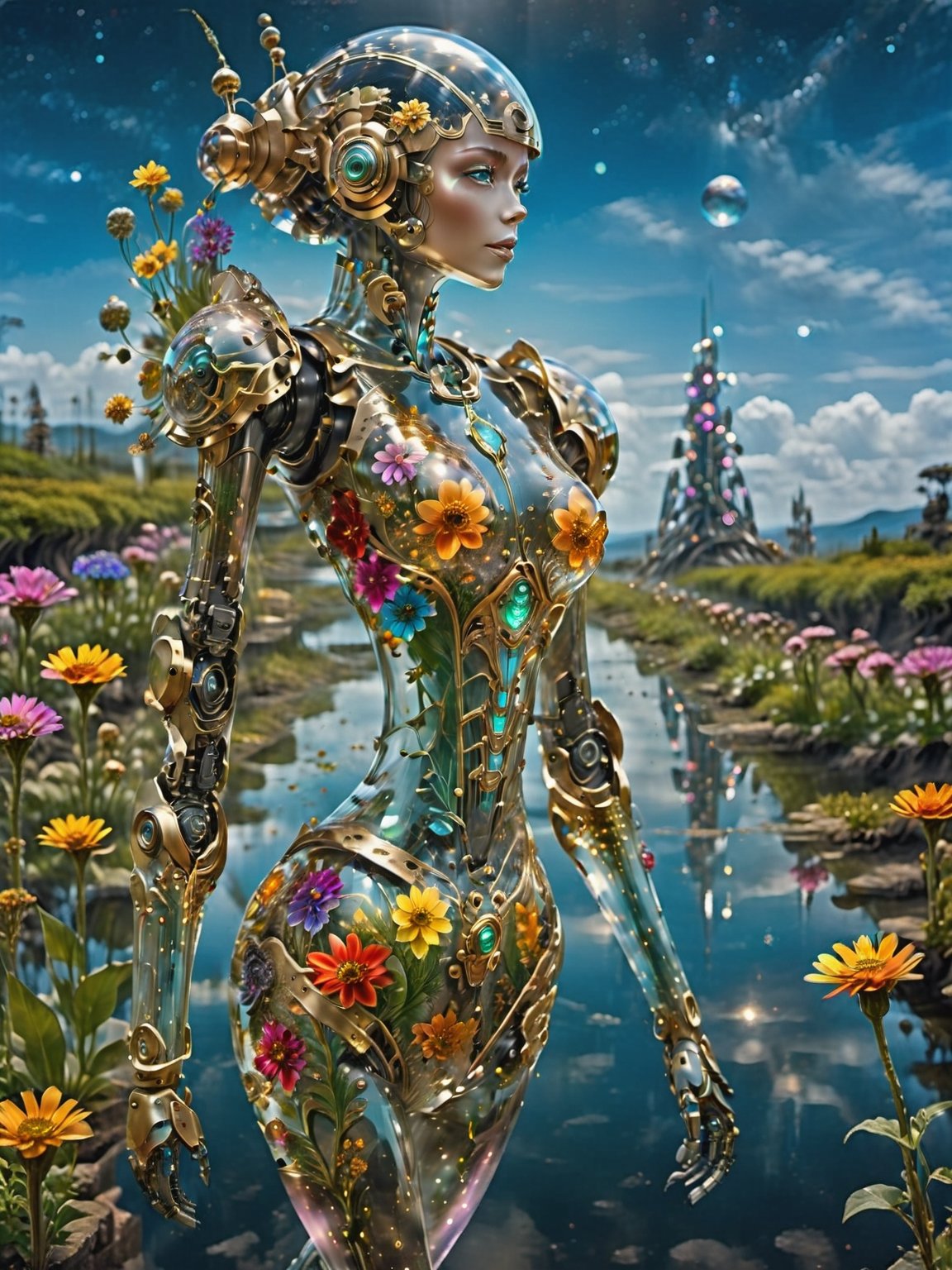 young glass sentient organic alien robot girl walking on glass spaceship bridge,  clear glass future fantasy concept,  a g...