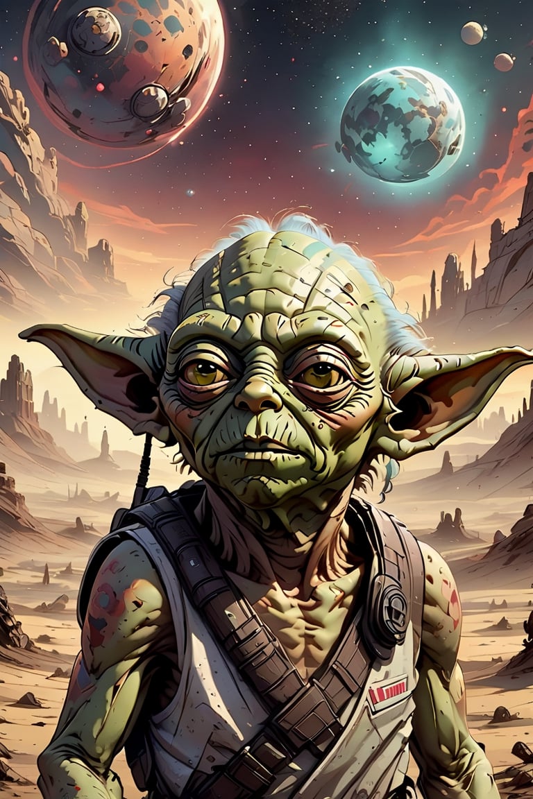 (2d art, Discover a starwars Goblin yoda Nebula, a celestial wonder in the shape of a mischievous starwars goblin),monster, high detail, Masterpiece, hyperdetailed, intricately detailed, natural lighting, complex