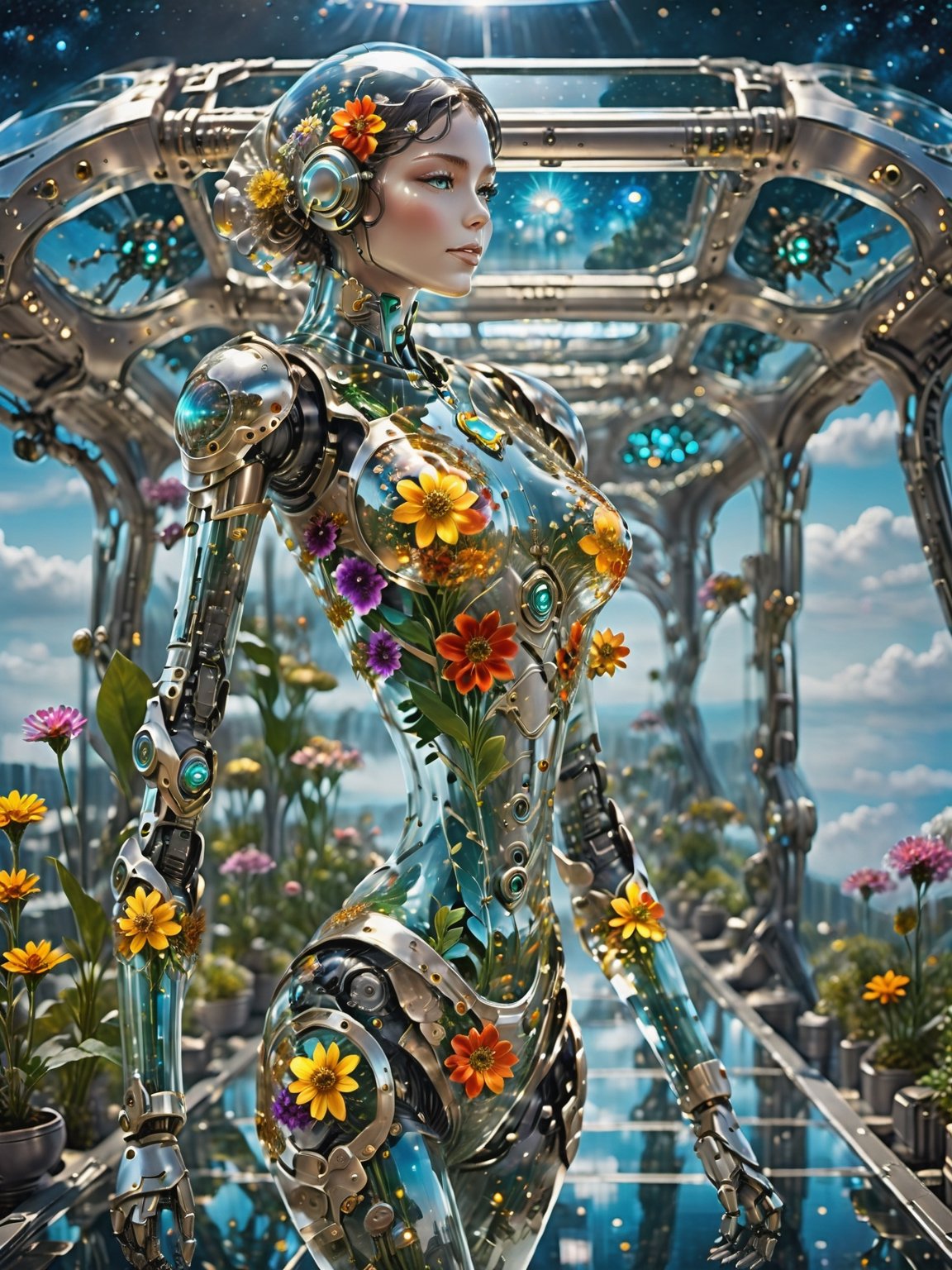 young glass robot girl walking on glass spaceship bridge,  clear glass future fantasy concept,  a glass city by Pixel on T...