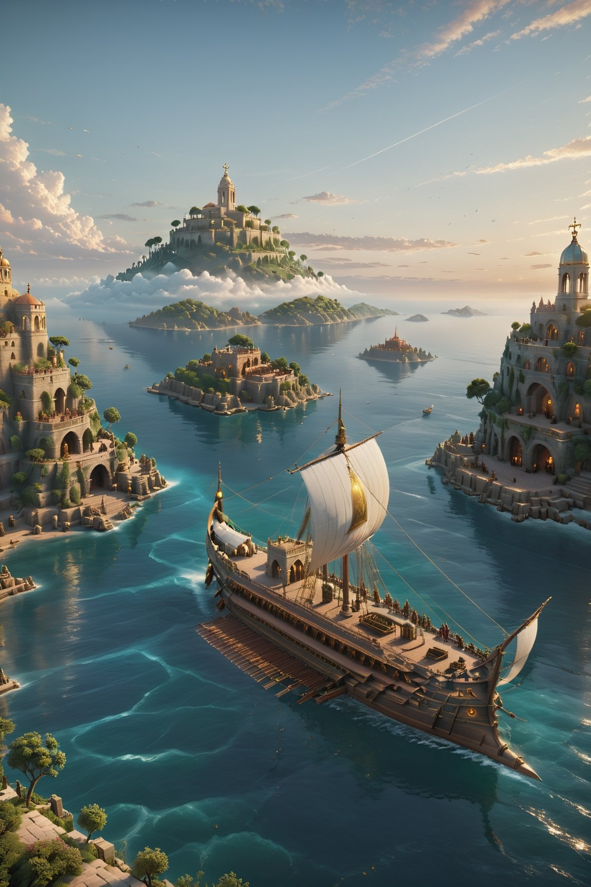 fantasy roman art,a The Floating Isles, A brave explorer sets sail to discover a cluster of islands that float high above the clouds. character, detailed, sub surface scattering, sharp focus, detailed, particles, sub surface scattering, sharp focus , cinema 4d, matte painting, polished, beautiful, colorful, intricate, eldritch, ethereal, vibrant, surrealism, surrealism, vray, nvdia ray tracing, cryengine, magical, 4k, 8k, masterpiece, crystal, romanticism,Create a stunning landscape of an illuminated enchanted forest in the twilight. The painting should have a soft, ethereal lighting and vibrant pastel colors. The style should be realistic, resembling the works of Thomas Kinkade. Use oil on canvas as the medium, focusing on creating a high-definition scenic painting.,Movie Still,Renaissance Sci-Fi Fantasy