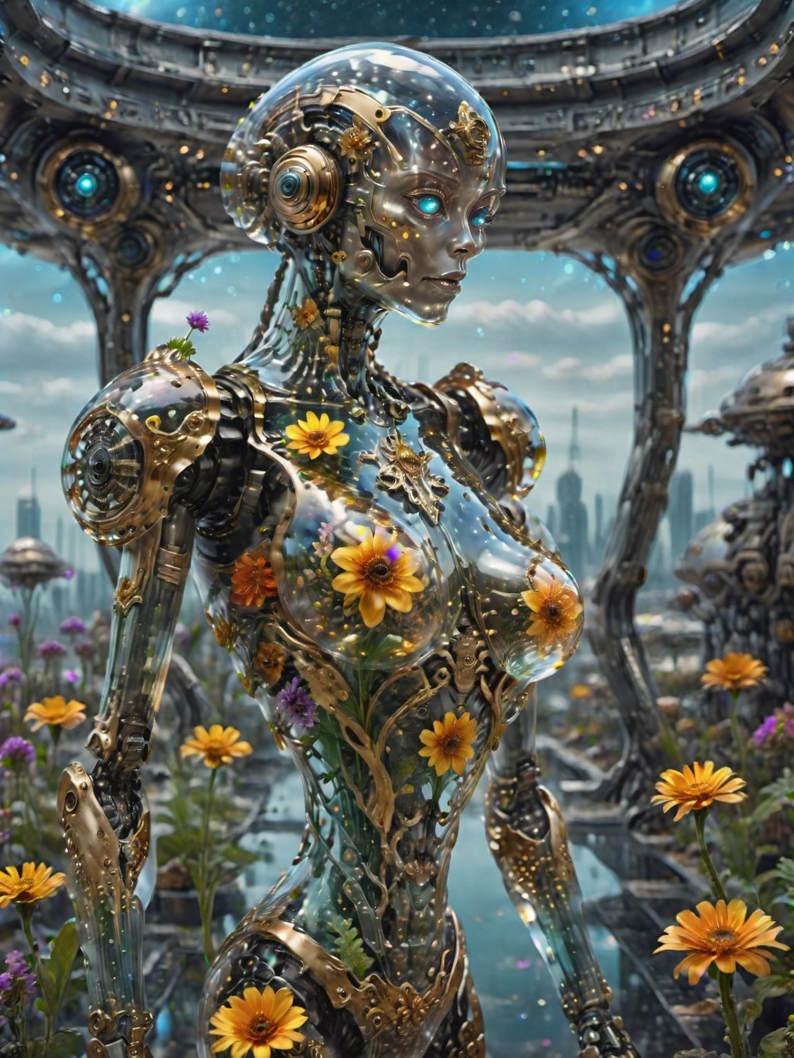 young glass sentient organic alien robot octopus walking on glass spaceship bridge,  clear glass future fantasy concept,...