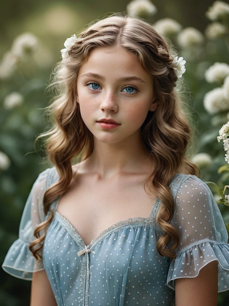 This is a highly detailed, realistic photograph of a young girl with a fair complexion and striking blue eyes. She has voluminous, curly, light brown hair that frames her face in soft, natural waves. Her expression is serene and slightly pensive, with her lips slightly parted and eyes looking directly at the camera. The girl is wearing a delicate, light blue dress made of a sheer, polka-dotted fabric with ruffled sleeves and a ruffled neckline. The dress is adorned with small, white polka dots, adding a playful touch to the outfit. In her small hands, she holds a bouquet of dried, beige flowers that are slightly wilted, adding a touch of natural beauty and fragility to the scene. The background is a softly blurred, muted green and blue gradient, which helps to focus attention on the girl's face and the intricate details of her dress and hair. The overall style of the photograph is elegant and romantic, capturing a moment of quiet contemplation and natural beauty. The lighting is soft and diffused, creating a gentle glow around the girl and enhancing the textures of her hair and dress.